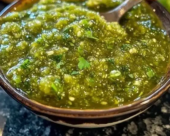Freshly made Green Tomatillo Sauce served with tacos