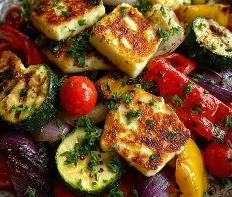 Plate of grilled halloumi with roasted vegetables and lemon dressing