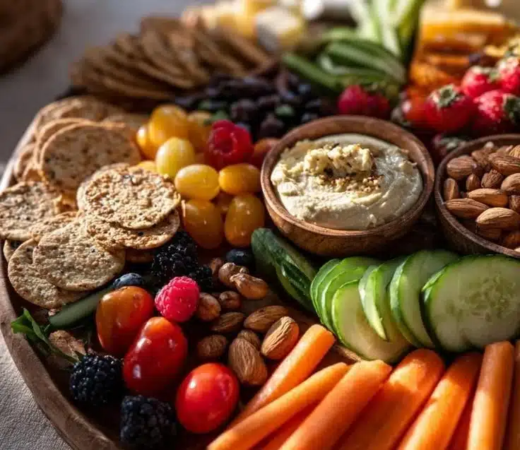 Healthy Valentine's Charcuterie Board with fruits, veggies, and heart-shaped treats