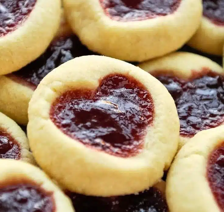 Freshly baked Heart Jam Cookies with vibrant jam filling