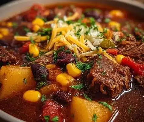 Bowl of hearty slow-cooked Southwestern cowboy stew with colorful vegetables and spices