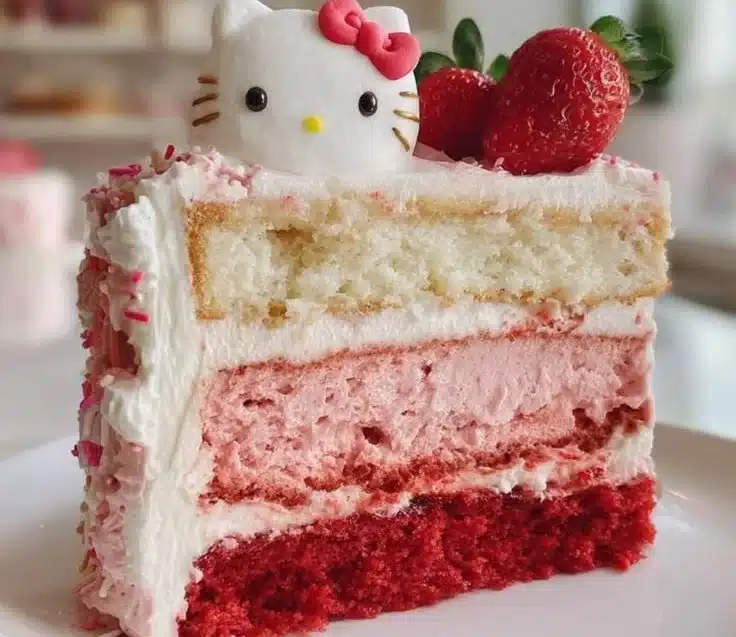 Hello Kitty Valentine's Cake decorated with hearts and pink frosting.