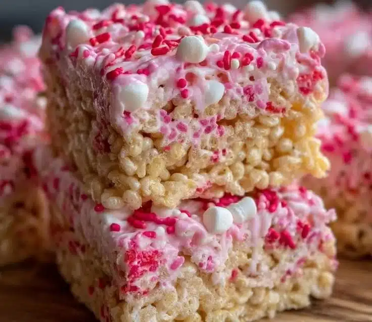 A plate of homemade Rice Krispies Treats with melted marshmallows and crispy rice cereal.