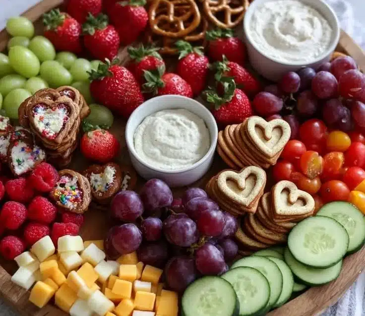 Colorful kids charcuterie board featuring fruits, cheeses, and fun snacks.