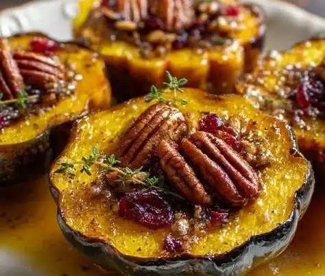 Maple Pecan Roasted Acorn Squash garnished with pecans and maple syrup