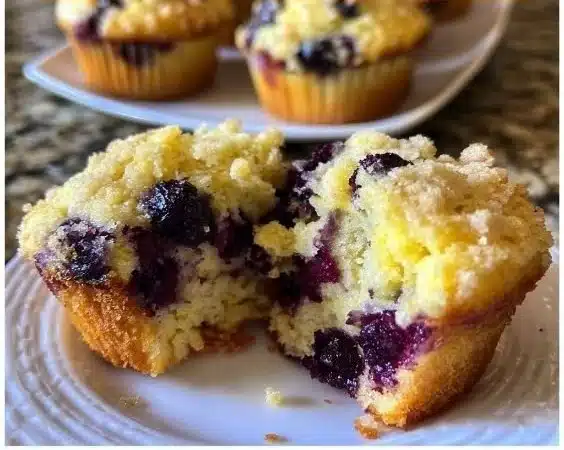 Freshly baked Meyer Lemon Blueberry Muffins on a wooden table