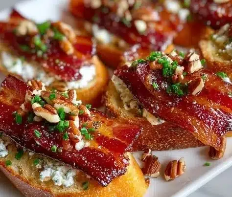 Delicious Million Dollar Bacon Crostini topped with crispy bacon and herbs.