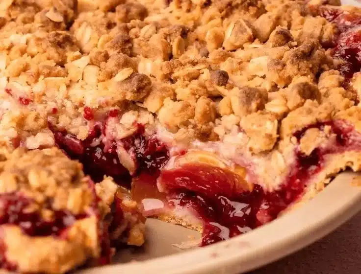 Freshly baked nectarine plum pie with slices and vibrant fruit filling.