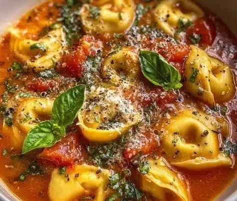 Bowl of Parmesan Tomato Tortellini Soup garnished with herbs