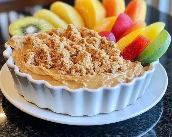 Delicious peanut butter fruit dip served with fresh fruit slices