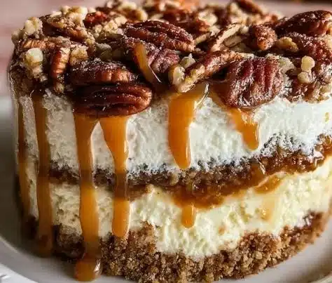 Delicious pecan pie cheesecake trifle layered with creamy cheesecake and pecans