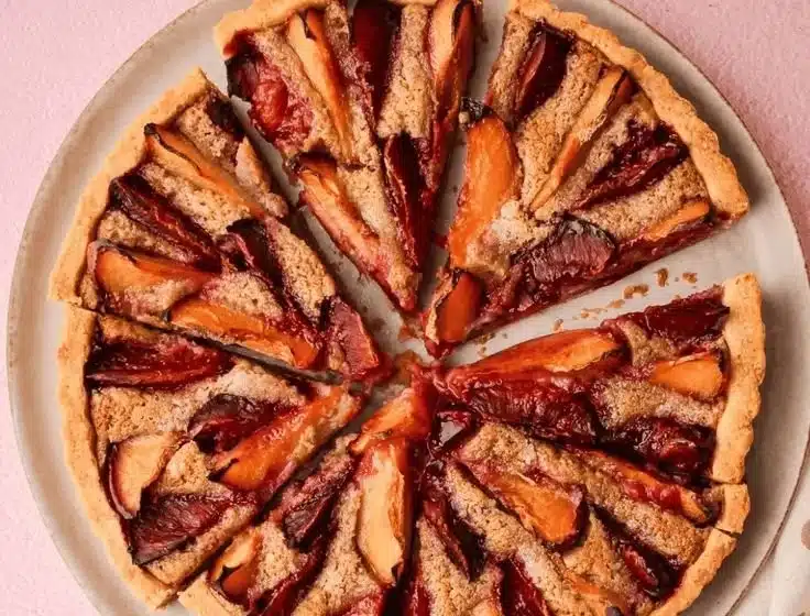 Homemade plum tart with fresh plums and a golden crust