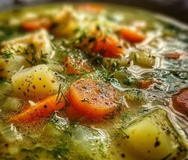A bowl of traditional Polish dill soup garnished with fresh dill and vegetables