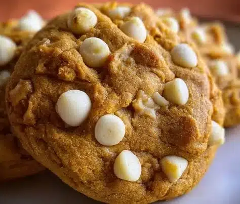 Delicious pumpkin cookies with white chocolate chips on a plate