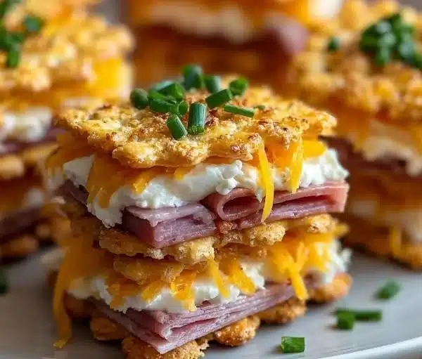 Ritz Cracker party sandwiches on a platter, ready for serving at an event.