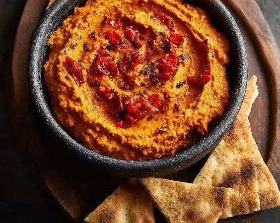 Roasted Pepper Dip Muhammara 2 Bowl of Muhammara roasted pepper dip with pita bread and fresh veggies