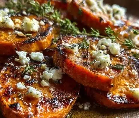 Roasted sweet potato rounds garnished with honey, feta cheese, and thyme