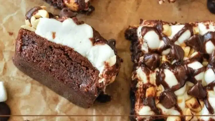 Delicious Rocky Road Brownies topped with nuts and marshmallows