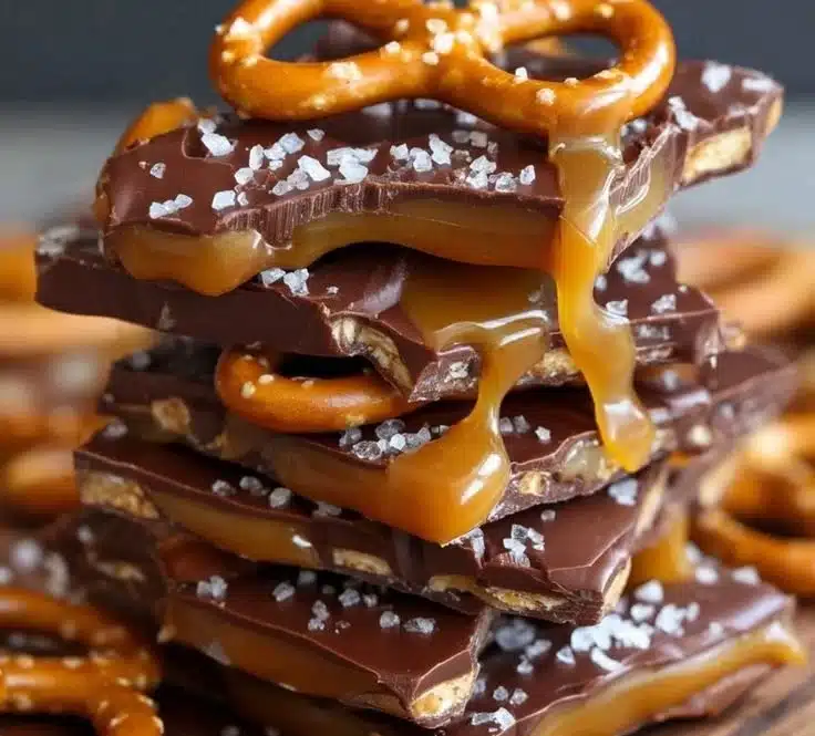 Homemade salted caramel pretzel bark on a table