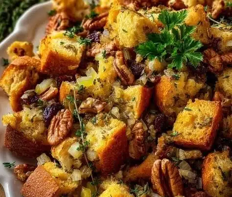 Savory herb-infused stuffing served in a festive bowl