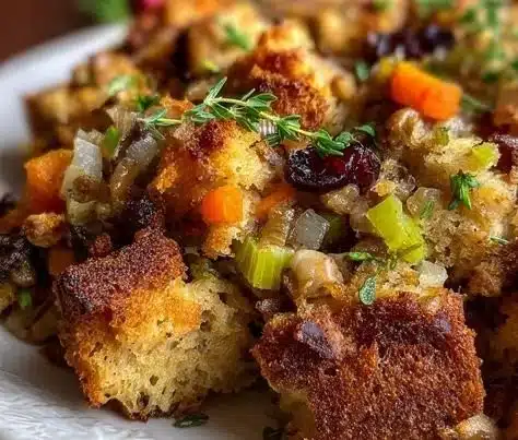 Savory vegan stuffing made with herbs and vegetables for a delicious plant-based dish.