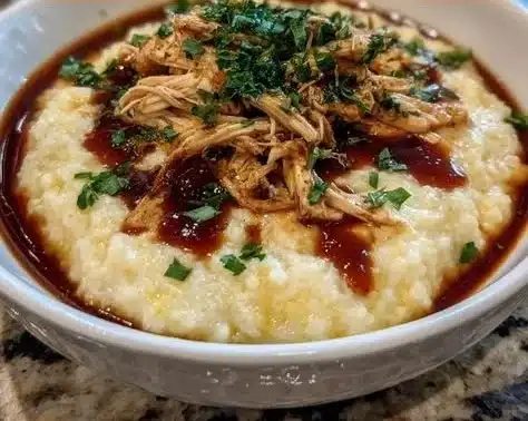 Shredded barbecue chicken served with creamy grits on a rustic wooden table