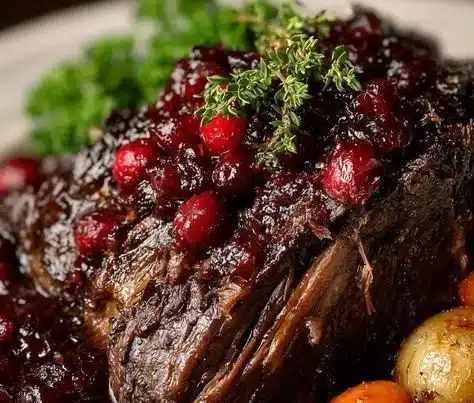 Slow-braised beef roast topped with cranberry balsamic glaze