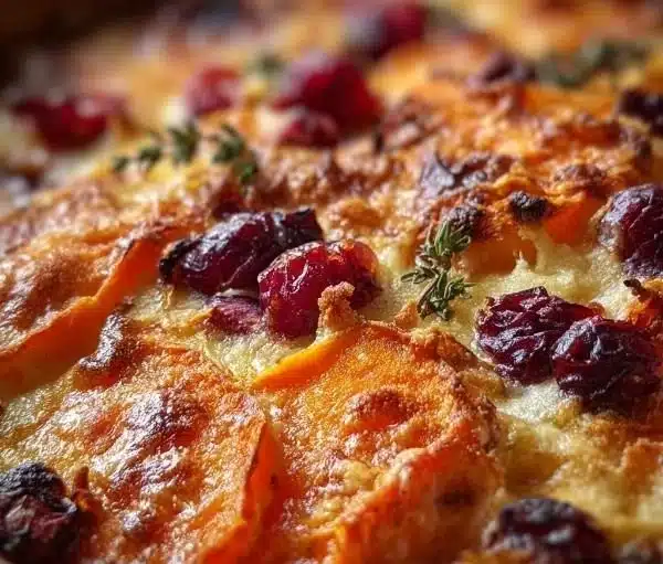 Sweet potato and cranberry gratin dish topped with herbs and cheese