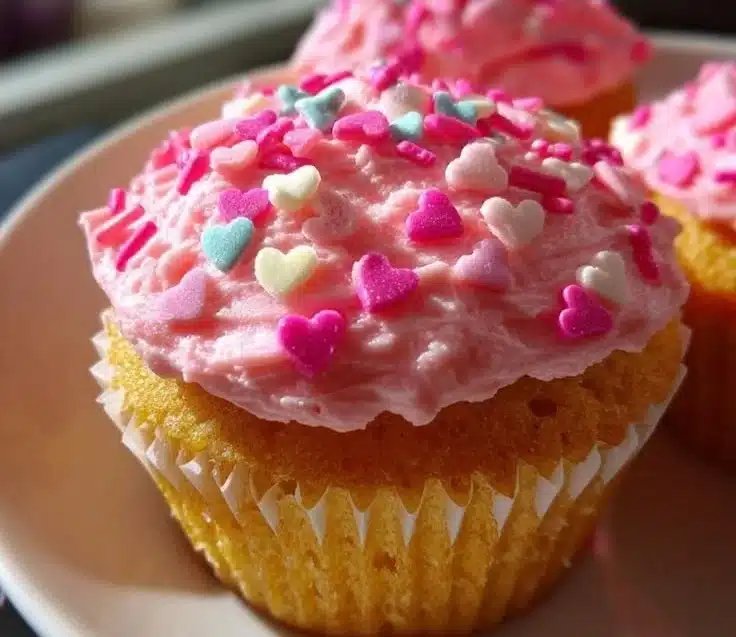 Delicious Valentine's Day cupcakes decorated with hearts and festive sprinkles.