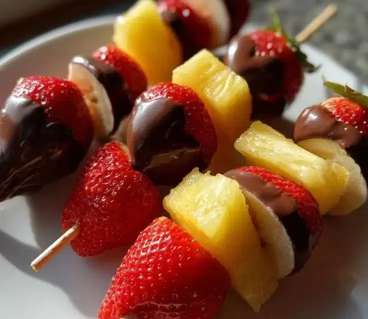 Colorful Valentine's fruit skewers arranged beautifully for a sweet treat.